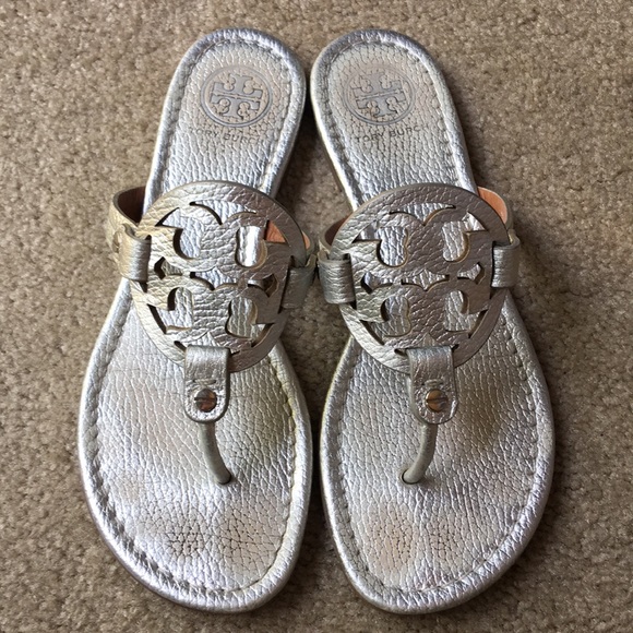 Tory Burch Shoes - Tory Burch Tumbled Leather Silver Miller Sandals